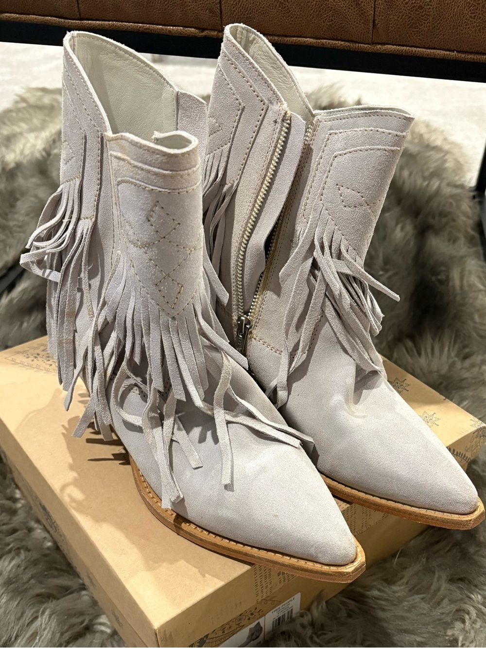 Free People Light Gray Suede Fringe Western Ankle Boots